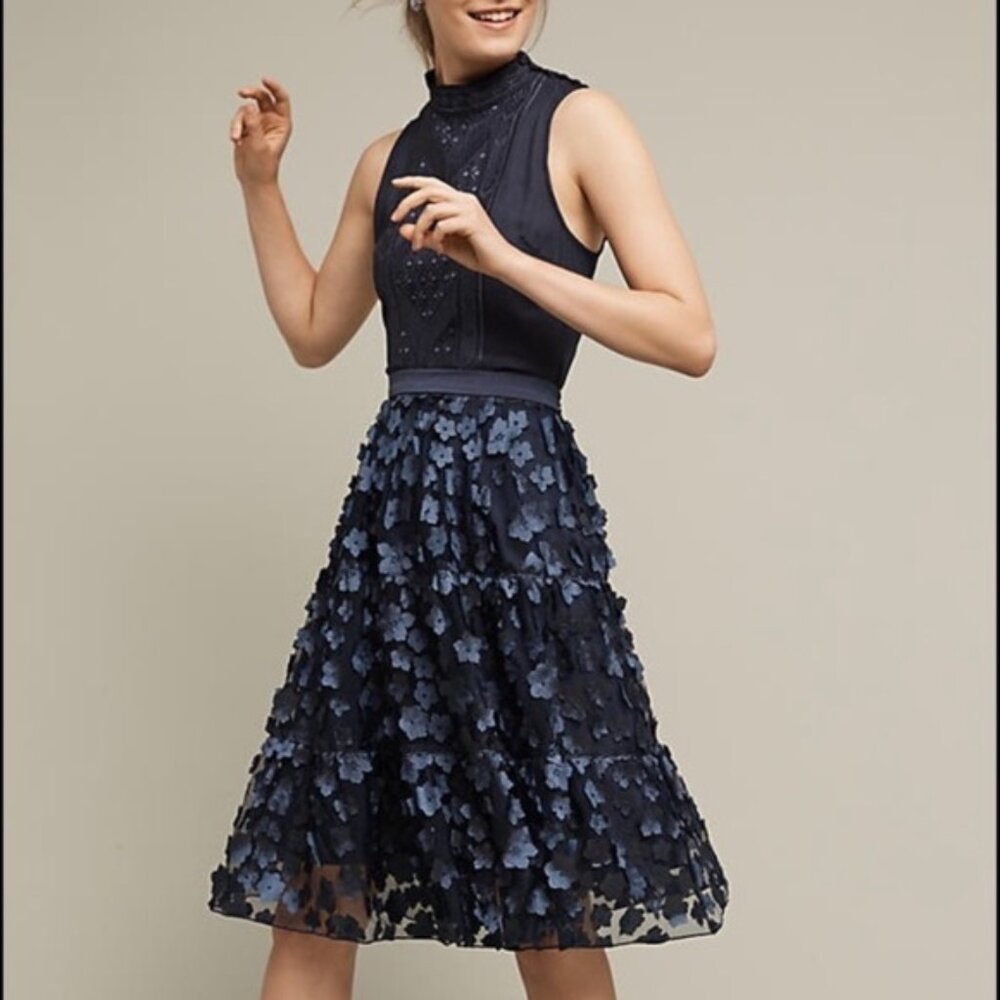 NWT Anthropologie Eva Franco Mesh Floral Applique Skirt Navy Blue Size 2